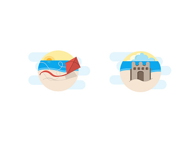 Bermain di pantai beach castle icon illustrations kite sandcastle