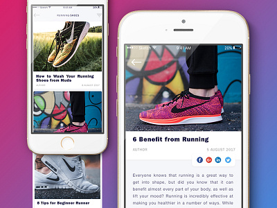 Running Article App Concept article card running shoes social media user interface