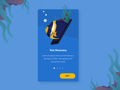 Fish Directory Onboarding App android coral reef design fish fishing icon illustration illustrations ios mobile onboarding illustration onboarding screen onboarding ui scuba diver scuba diving user interface