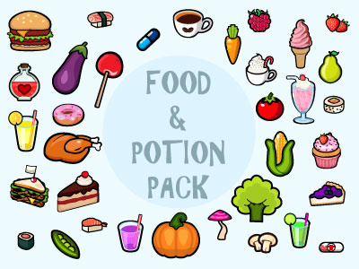 Food & Potion Set candy doughnut fast food food fruit game assets potion sushi sweet vegitable