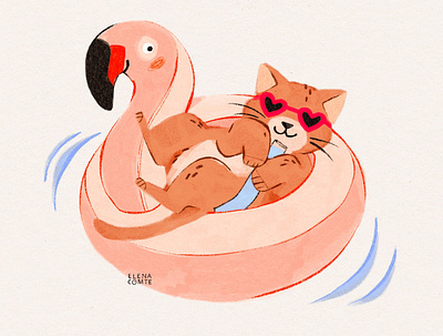 Summer Fun cat illustration cat swimming art childrens book illustration childrens book scene childrens illustration digital painting of a cat draw this in your style flamingo and cat flamingo illustration flamingo inflatable swimming mat flamingo mattress flamingo painting gouache painting kids illustration kitten illustration spot illustration of a cat summer illustration summer painting traditional media