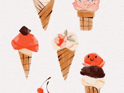 Ice Cream Cones - Cute Gouache Illustration childrens illustration chocolate ice cream dessert frozen yoghurt frozen yogurt frozen dessert gelato gelato ice cream gouache painting ice cream ice cream cone ice cream illustration illustration isje kids illustration painting strawberry ice cream summer treat