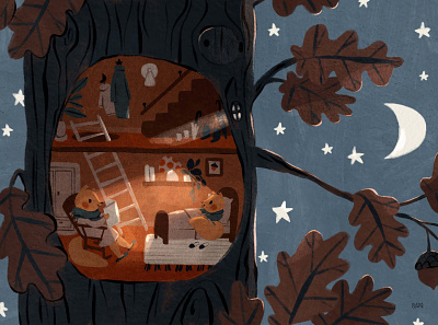 Squirrels Bedtime Stories adorable bedtime stories childrens book illustration childrens illustration cozy gouache house in the forest illustration for kids kids illustration moon illustration night illustration preschool squirrel family squirrel illustration story reading tiny and cute treehouse
