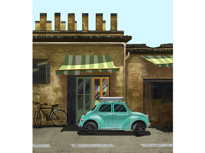 Shop & car digital art illustration