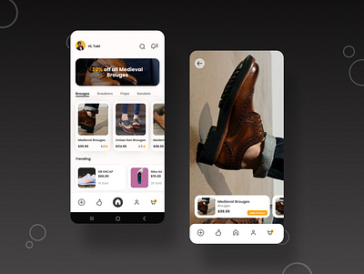 A shoe store app home screen and product view screen app homescreen mobile ui
