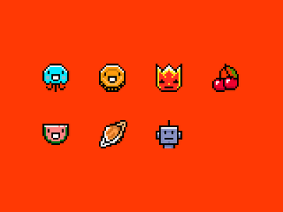 Pixel art faces cherry coin face fire flame head icon iconography icons iconset jellyfish pixelart planet robot saturn space ui ux watermelon web