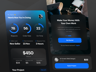 Freelancer Apps (Dark Theme) app design clean dark dashboard design elegant freelance freelance app freelancer landing page manegement mobile mobile design modern smooth soft ui uiux uiux design ux