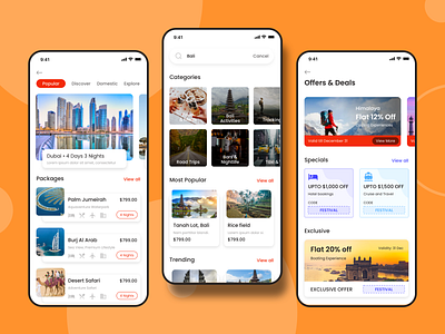 Travel & Hotel Booking App app booking branding country creative foodie mobile mockup offer online packages payment restaurant transport uiux