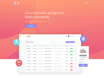 CarBot Web App bot car dashboard robot software tables tickets web app gradient