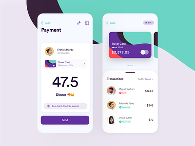 Send Money • Mobile Screen app banking clean colorful contacts creative credit card dashboard green ios modern pay payment purple select send money transaction ui ux