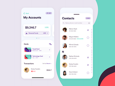 Accounts - Cards - Contacts • Mobile App 🤑 accounts app bank banking cards cash clean contacts creditcard currency funds ios modern money pay payment receive transaction ui ux