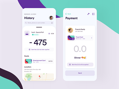 Payment History - Cards - Transaction • Mobile App android app bank banking cash clean credit cards currency funds history ios modern money payment transaction transfer ui ux wallet