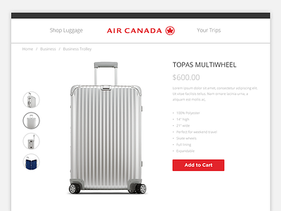 Air Canada airplane clean ecommerce fashion flat luggage magento material product red suitcase white