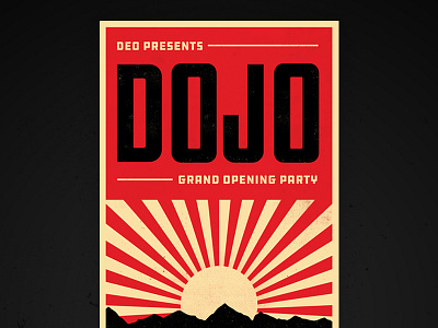 Dojo Grand Opening Party black illustration karate party poster red sunrise