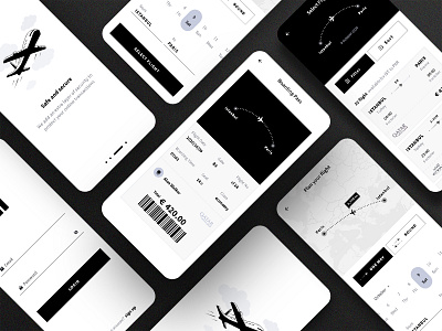 Flight ticket app airline app app app design black white black and white dark mode flight app mobile app mobile ui ticket ui ui design ux