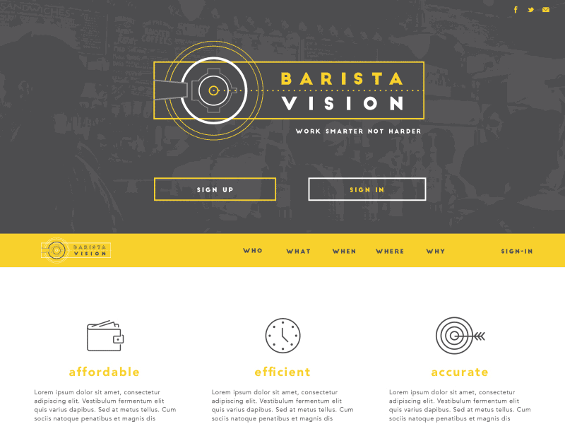 Barista Vision Branding animation application bootstrap coffee grey icons yellow