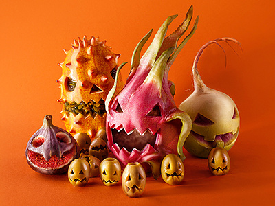 Treat or treat figs fruits halloween kiwano monsters olives pitahaya turnip