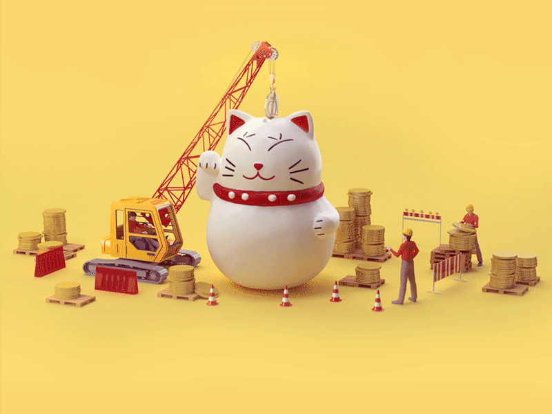 Сhinese Cat 3d box cat chinese coin corona crane miniature money render yellow сonstruction