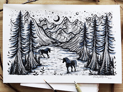 Running for hope. animals art drawing horse illustration landscape mountains scenery trees unicorns