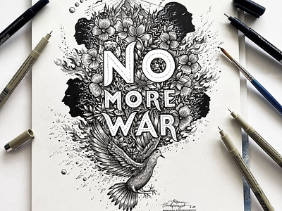 NO MORE WAR animal art artwork bird chatzipanagiotou design drawing face flowers graphic design handmade illustration landscape lettering mountains nature no more war sun typography