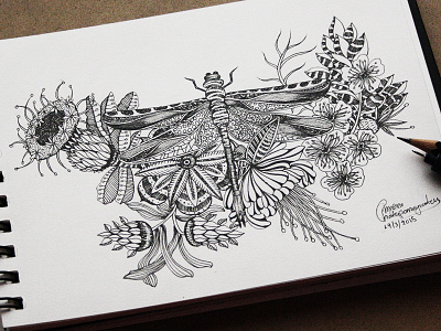 ''Dragonfly'' dragonfly drawing flower graphic illustration ink nature pen sketch sketchbook