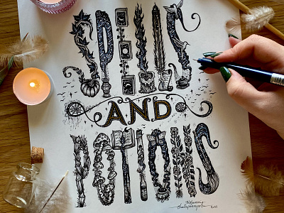 Spells & Potions - Illustrated Typography art branding design drawing galaxy graphic design handmade illustration lettering logo magic nature spells surreal type typography