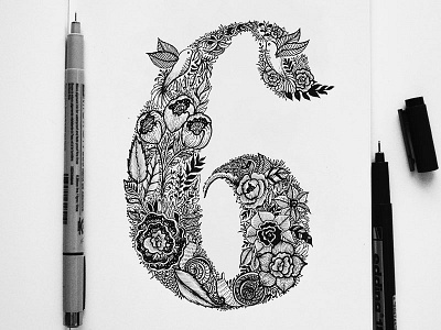 Number ''6'' botanical drawing flowers graphic design font hand drawn handmade illustration lettering number type typography