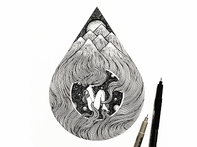 OCEAN OF EMPTINESS black and white drawing graphic design hand drawn handmade illustration lines mountain nature sketch space woman