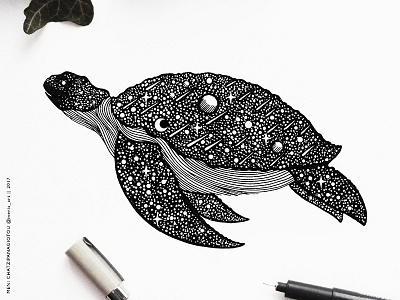 Sea Turtle animal black and white design drawing galaxy handmade illustration linear night sky sea sea turtle space