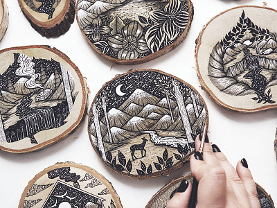 Drawings on Wood Slices art day deer drawing flowers handmade illustration landscape nature night scenery wood art