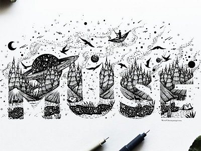 Muse, Typography drawing graphic design handmade illustration letter logo mountains penandink planet scenery type typography
