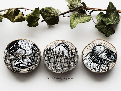 Tiny Sceneries on Wood Slices art design drawing graphic design handmade illustration logo mountains nature scenery wood