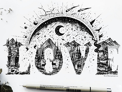 Love! art black and white design drawing graphic design handmade illustration landscape logo love mountain nature