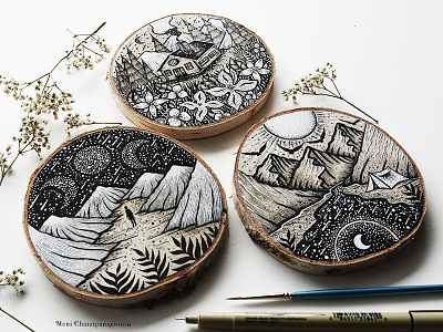 Wood Slices art design drawing florals illustration landscape moon mountains nature scenery sun wood