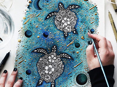 Sea Turtle animal art design drawing floral galaxy handmade illustration nature planet sea sea turtle