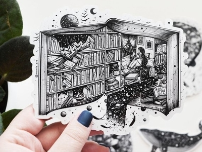 Life in a book || Sticker art book drawing illistration moon pen and ink planet river stars sticker surreal art woman