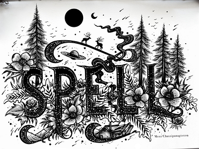 Spell art deer drawing flowers handmade illustration logo scenery space spell stars trees