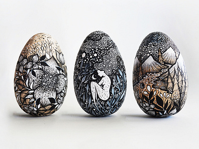 Wooden Eggs art blackandwhite botanical drawing easter egg flowers handmade illustration landscape mountains nature space surreal art trees woman