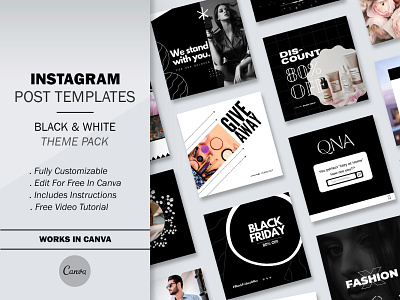 Black and White 20 Instagram Posts black theme instagram pack
