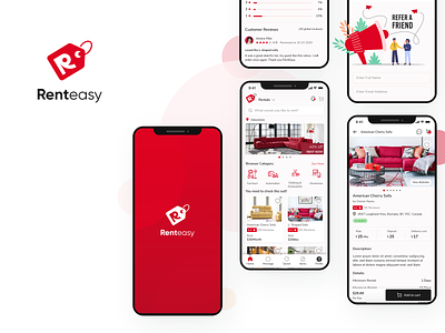 RentEasy App app clean design e commerce app mobile app deisgn red colour rent rental renting app service app ux