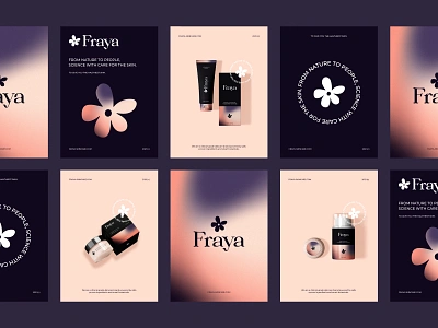 Fraya Skincare - Posters aesthetics box brand design brand identity branding cosmetic flower gradient jar logo logotype pattern poster skincare trademark tube typography