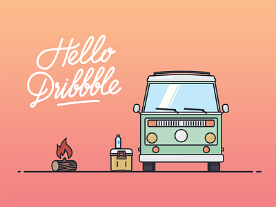 Hello Dribbble bonfire clean debut flat illustration hello illustration lettering line line art out line volkswagen