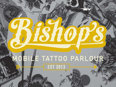 Bishops Mobile Tattoo Parlour beige black branding logo old school tattoo white yellow