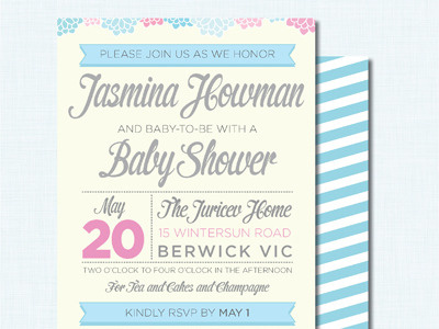 Baby Shower Invitation baby shower beige blue flowers grey invitation pink stripes typography