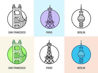 Famous Buildings Line & Color Icon - Pack 2 app art berlin icon landmark mobile paris san francisco