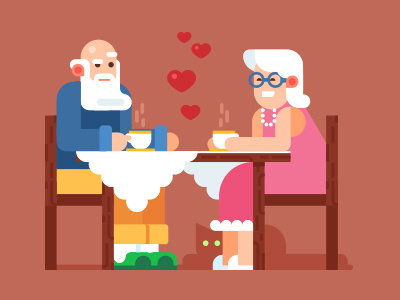 Grandparents in Love cat dating flat grandparents heart illustration love table tea vector