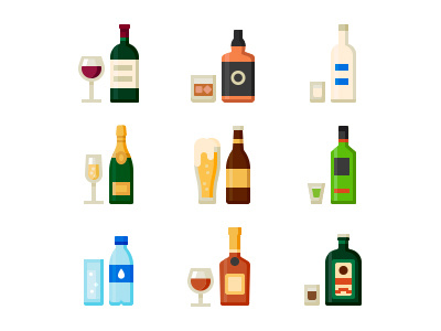 Drinks absinthe beer brandy champagne flat icons liquor vector vodka water whiskey wine