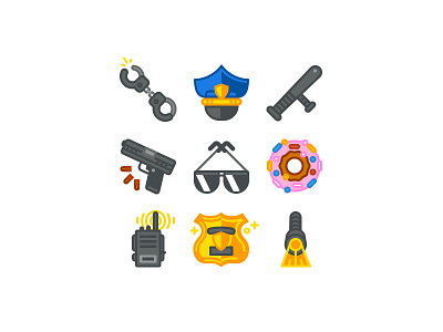 Police Icons arrested badge crime criminal cuffs donut flat icon illustration pistol police vector