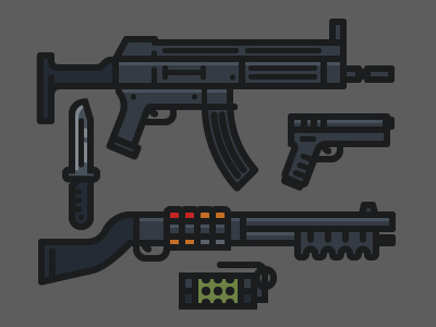Weapons armory assault rifle flashbang flat grenade illustration knife pistol shotgun vector weapon