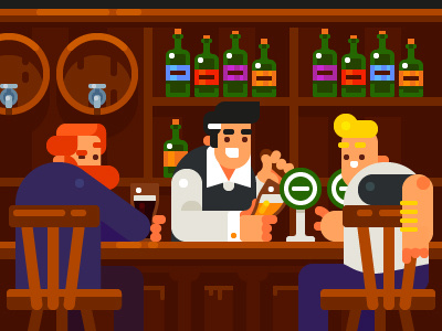 Pub bartender beer beverages character flat friend illustration interior man pub vector wine